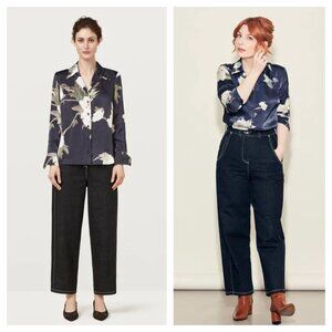 Finery Levine Soft Satin Pyjama Button Down Shirt in Blue White Women's 4